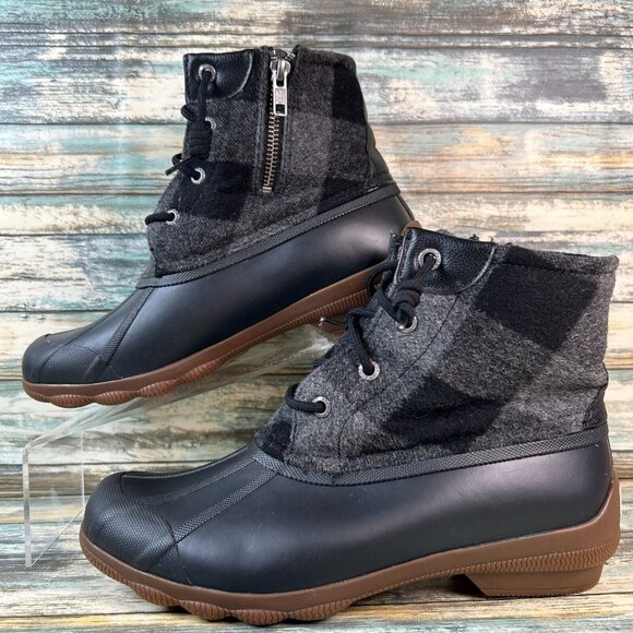 Sperry Womens 7.5M Waterproof Rain Boot Black Gray Plaid Zip Up Winter Booties - Picture 2 of 13